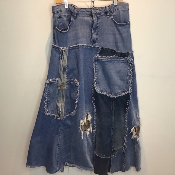 Boho up-cycled denim patch distressed jean maxi skirt / Lee 16 adjustabl… - Picture 9 of 13